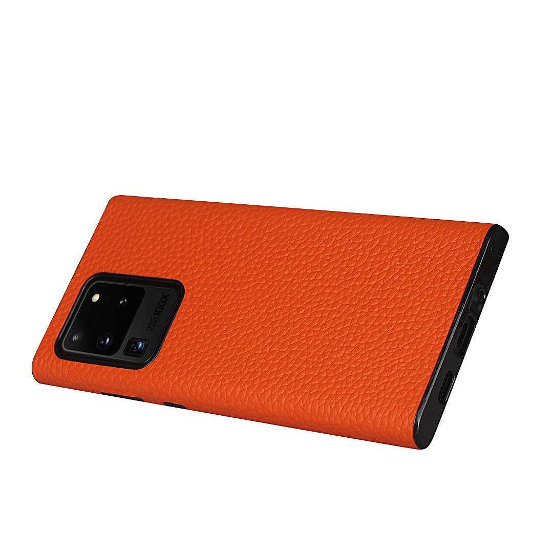 Litchi Skin Genuine Leather Coated TPU Phone Case [Black Lining] for Samsung Galaxy S20 Ultra - Orange