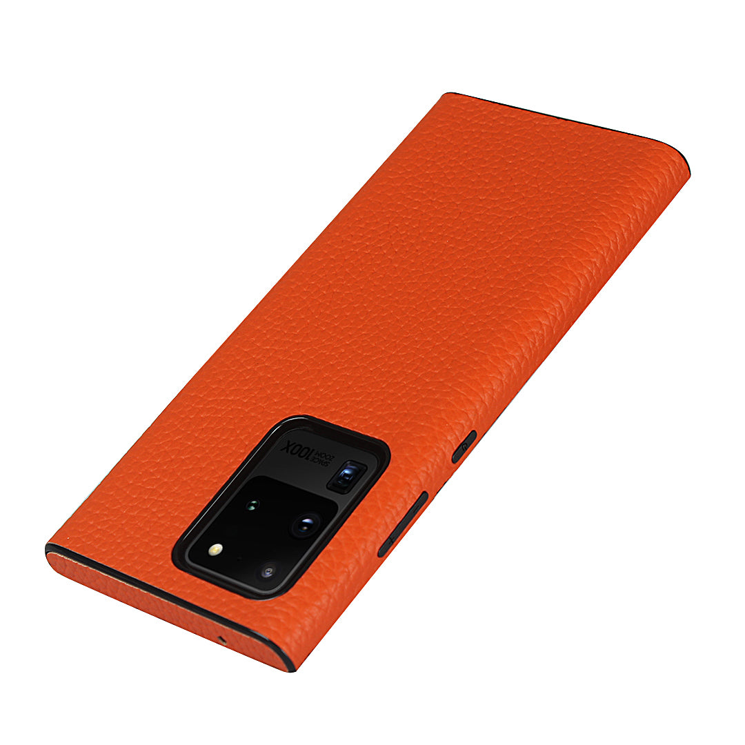 Litchi Skin Genuine Leather Coated TPU Phone Case [Black Lining] for Samsung Galaxy S20 Ultra - Orange