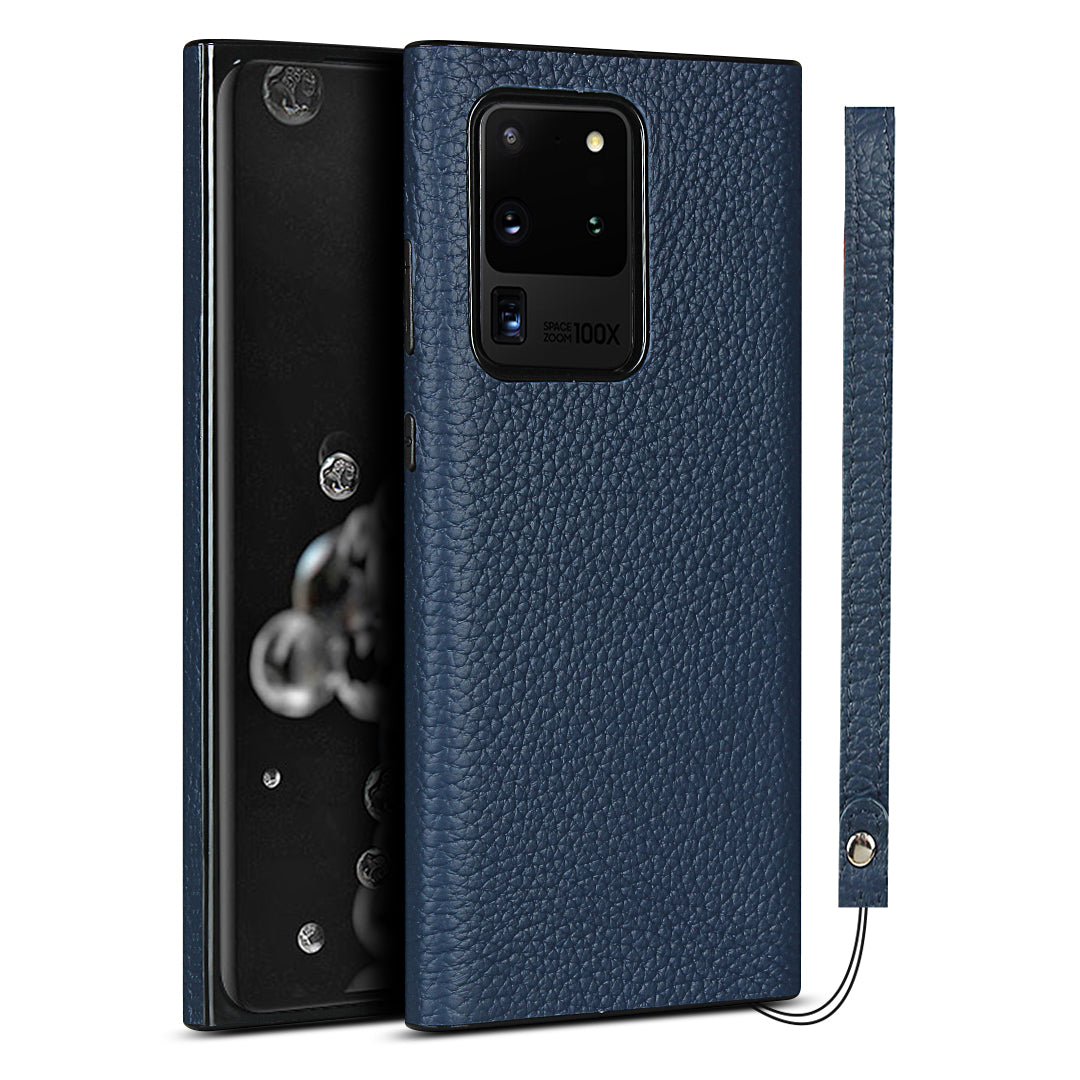 Litchi Skin Genuine Leather Coated TPU Phone Case [Black Lining] for Samsung Galaxy S20 Ultra - Blue