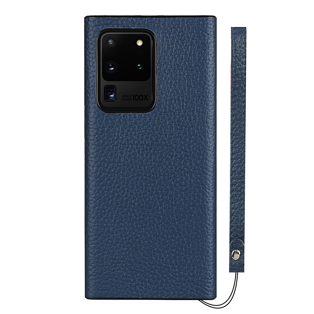 Litchi Skin Genuine Leather Coated TPU Phone Case [Black Lining] for Samsung Galaxy S20 Ultra - Blue