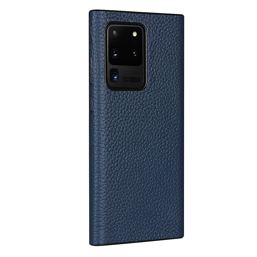 Litchi Skin Genuine Leather Coated TPU Phone Case [Black Lining] for Samsung Galaxy S20 Ultra - Blue