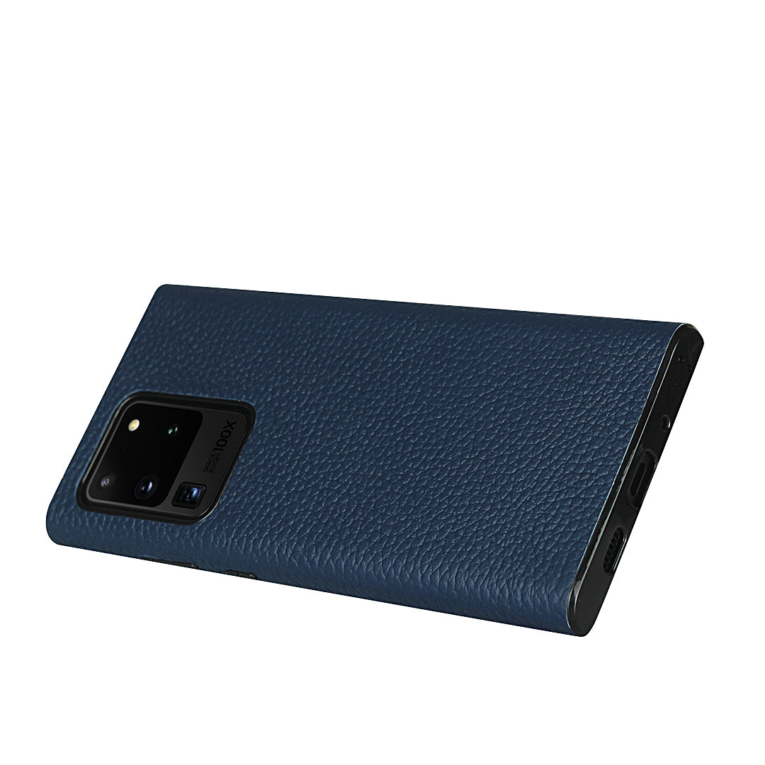 Litchi Skin Genuine Leather Coated TPU Phone Case [Black Lining] for Samsung Galaxy S20 Ultra - Blue