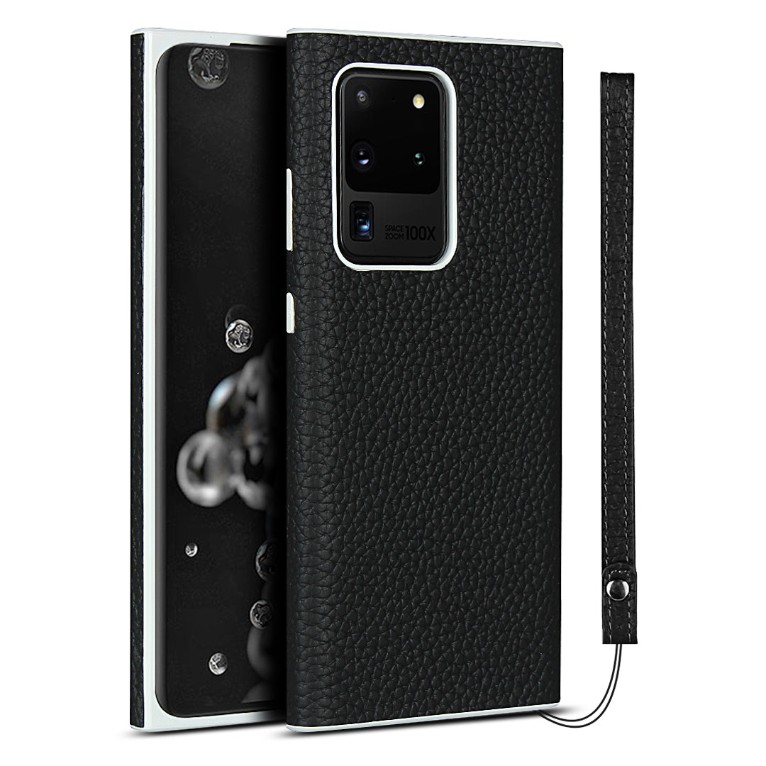 Litchi Skin Genuine Leather Coated TPU Phone Casing for Samsung Galaxy S20 Ultra - Black