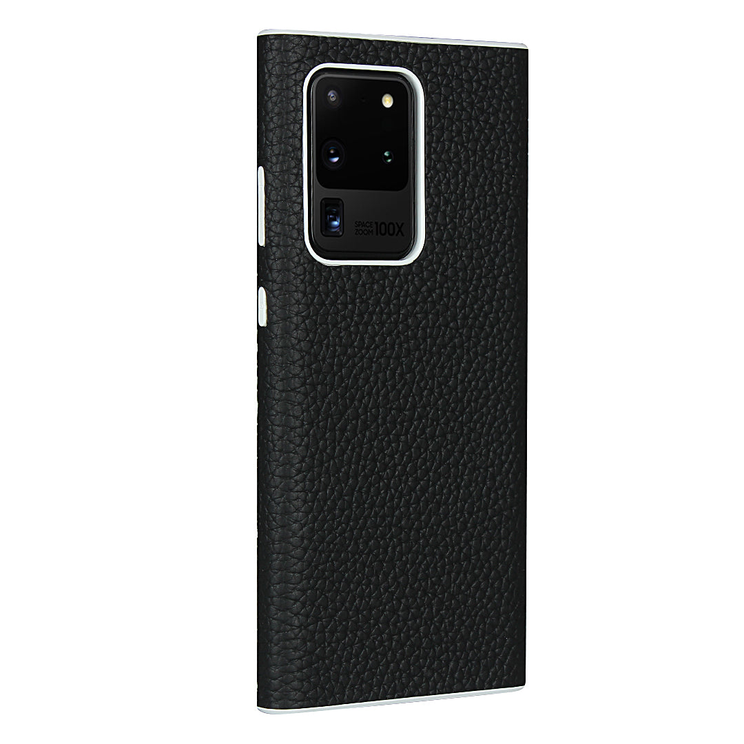 Litchi Skin Genuine Leather Coated TPU Phone Casing for Samsung Galaxy S20 Ultra - Black