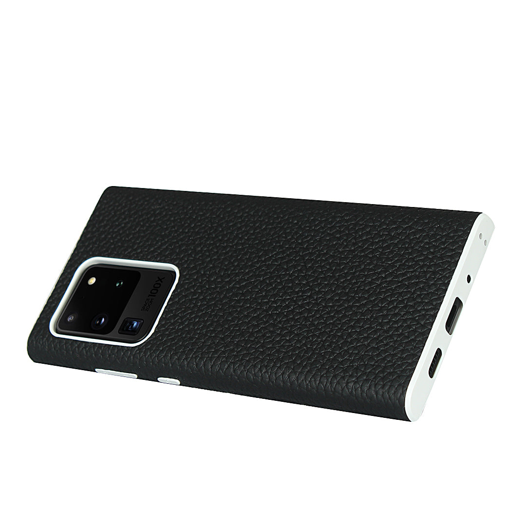 Litchi Skin Genuine Leather Coated TPU Phone Casing for Samsung Galaxy S20 Ultra - Black