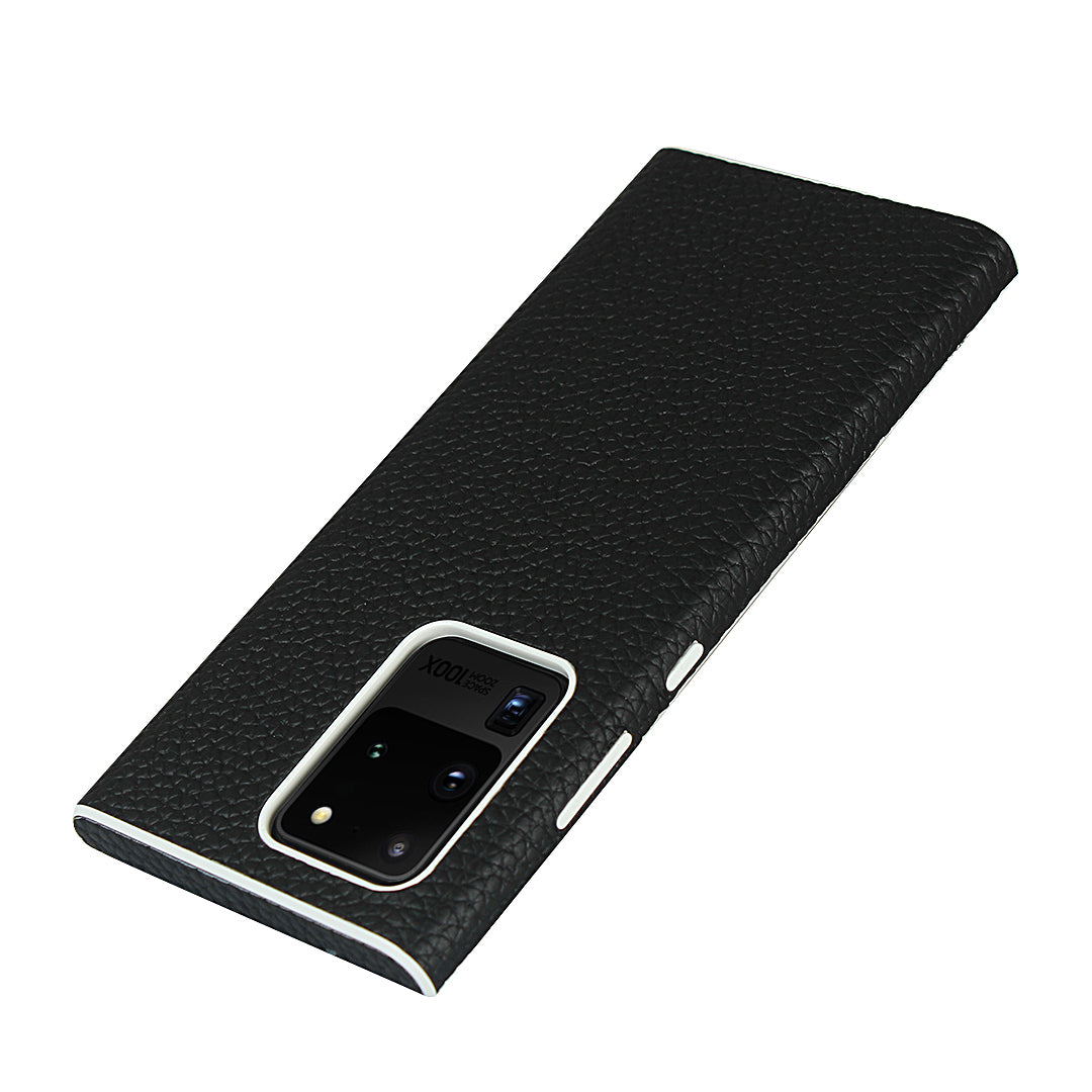 Litchi Skin Genuine Leather Coated TPU Phone Casing for Samsung Galaxy S20 Ultra - Black