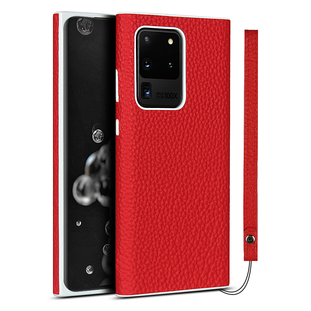 Litchi Skin Genuine Leather Coated TPU Phone Casing for Samsung Galaxy S20 Ultra - Red