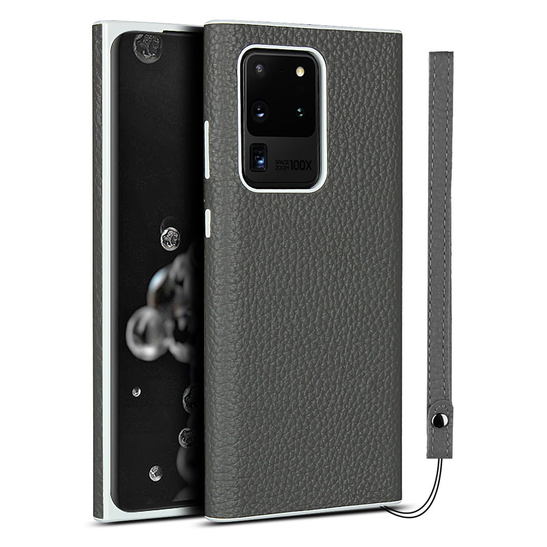 Litchi Skin Genuine Leather Coated TPU Phone Casing for Samsung Galaxy S20 Ultra - Grey