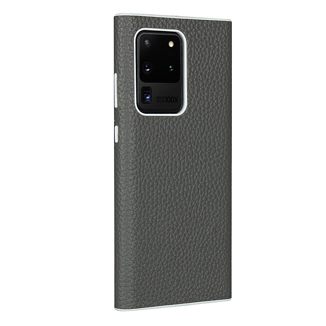 Litchi Skin Genuine Leather Coated TPU Phone Casing for Samsung Galaxy S20 Ultra - Grey