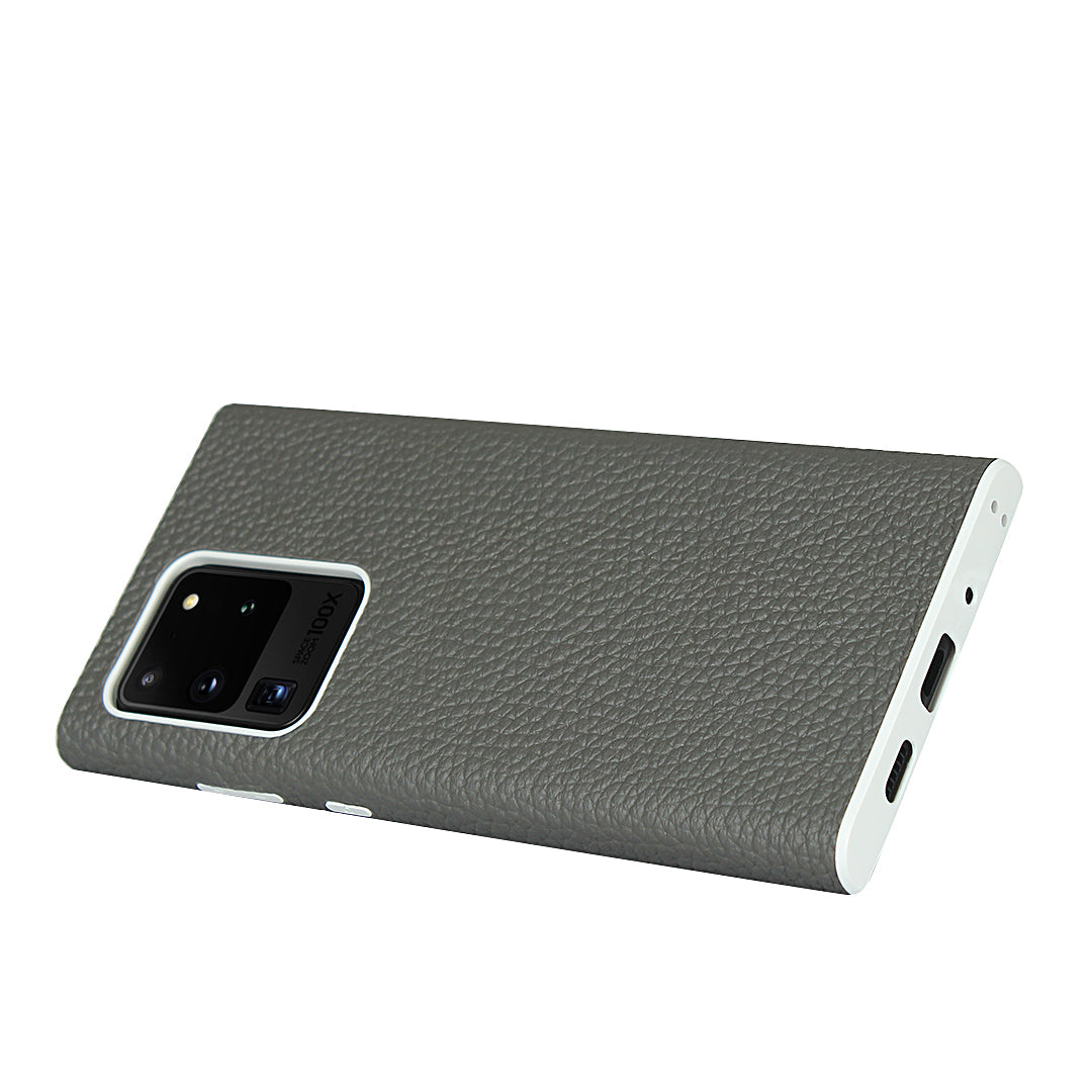 Litchi Skin Genuine Leather Coated TPU Phone Casing for Samsung Galaxy S20 Ultra - Grey