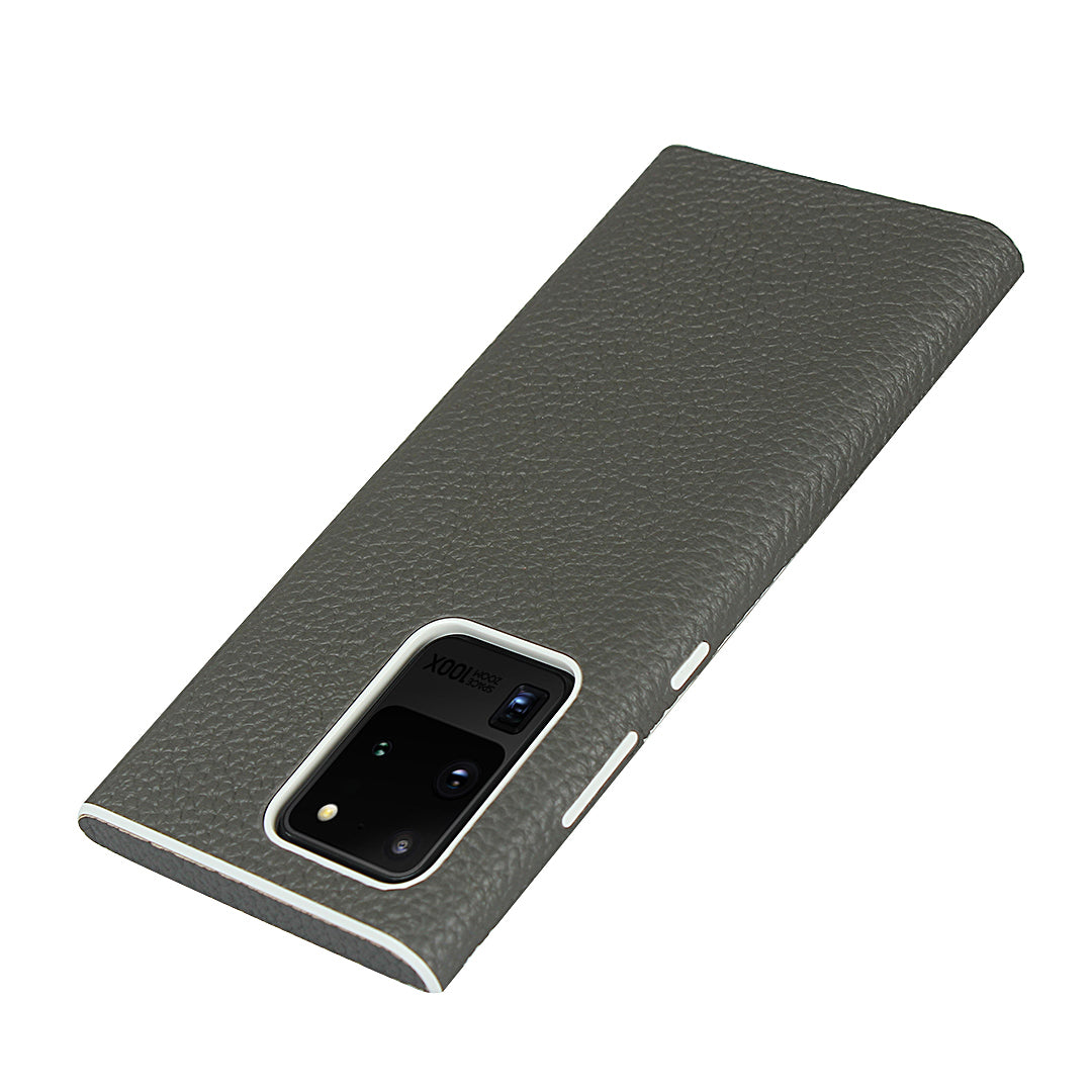 Litchi Skin Genuine Leather Coated TPU Phone Casing for Samsung Galaxy S20 Ultra - Grey