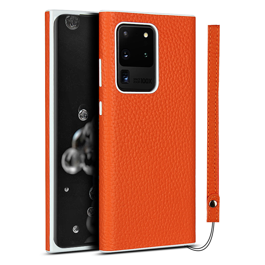 Litchi Skin Genuine Leather Coated TPU Phone Casing for Samsung Galaxy S20 Ultra - Orange