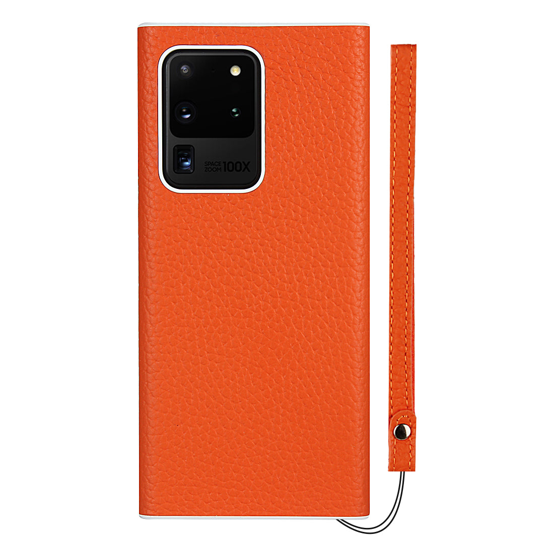 Litchi Skin Genuine Leather Coated TPU Phone Casing for Samsung Galaxy S20 Ultra - Orange