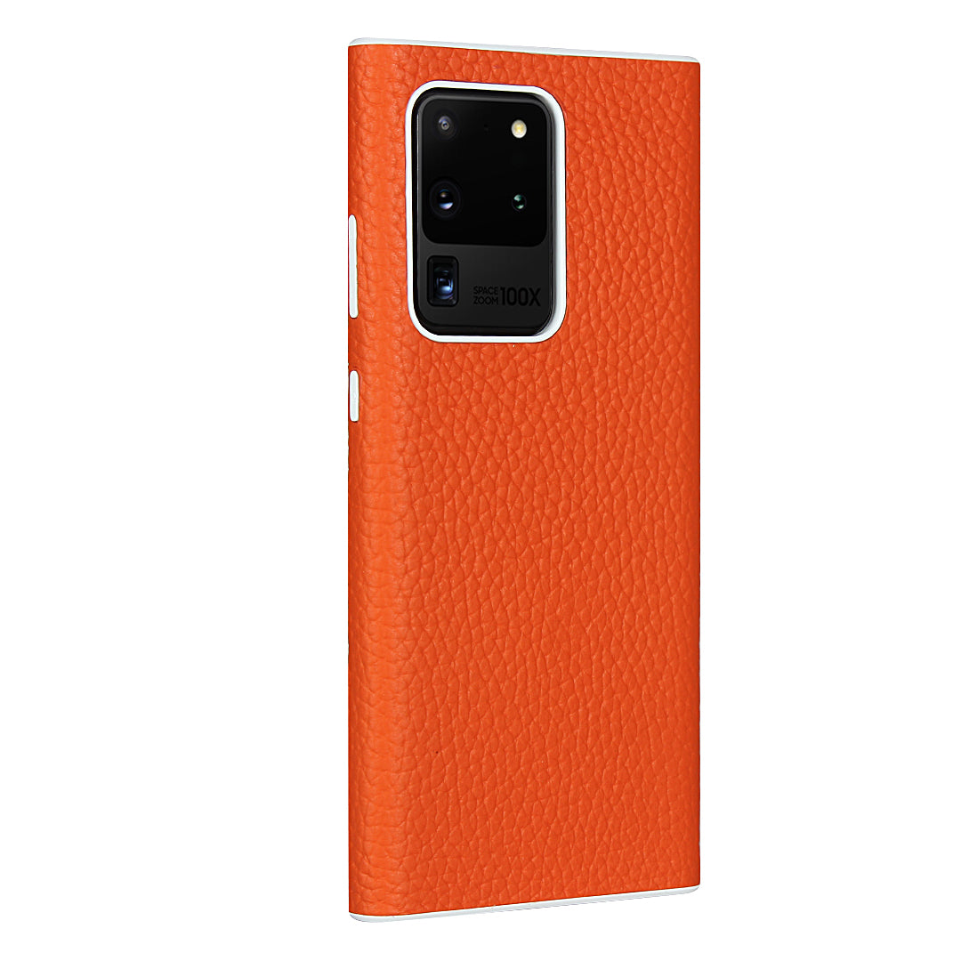 Litchi Skin Genuine Leather Coated TPU Phone Casing for Samsung Galaxy S20 Ultra - Orange