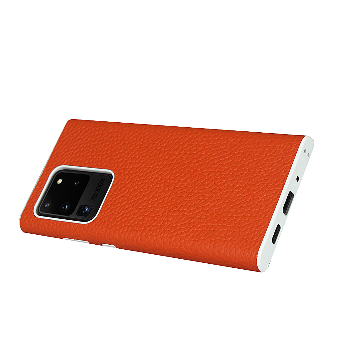 Litchi Skin Genuine Leather Coated TPU Phone Casing for Samsung Galaxy S20 Ultra - Orange