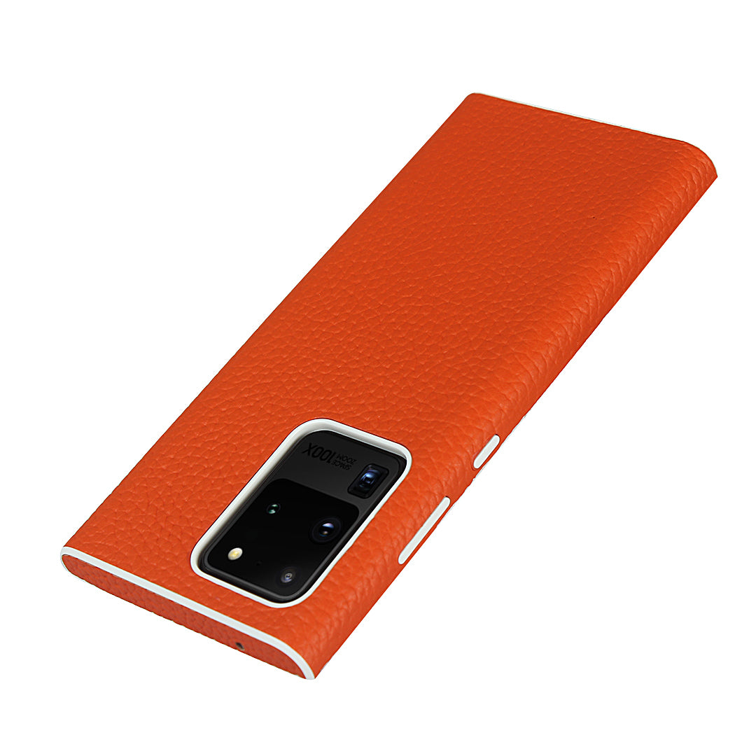 Litchi Skin Genuine Leather Coated TPU Phone Casing for Samsung Galaxy S20 Ultra - Orange