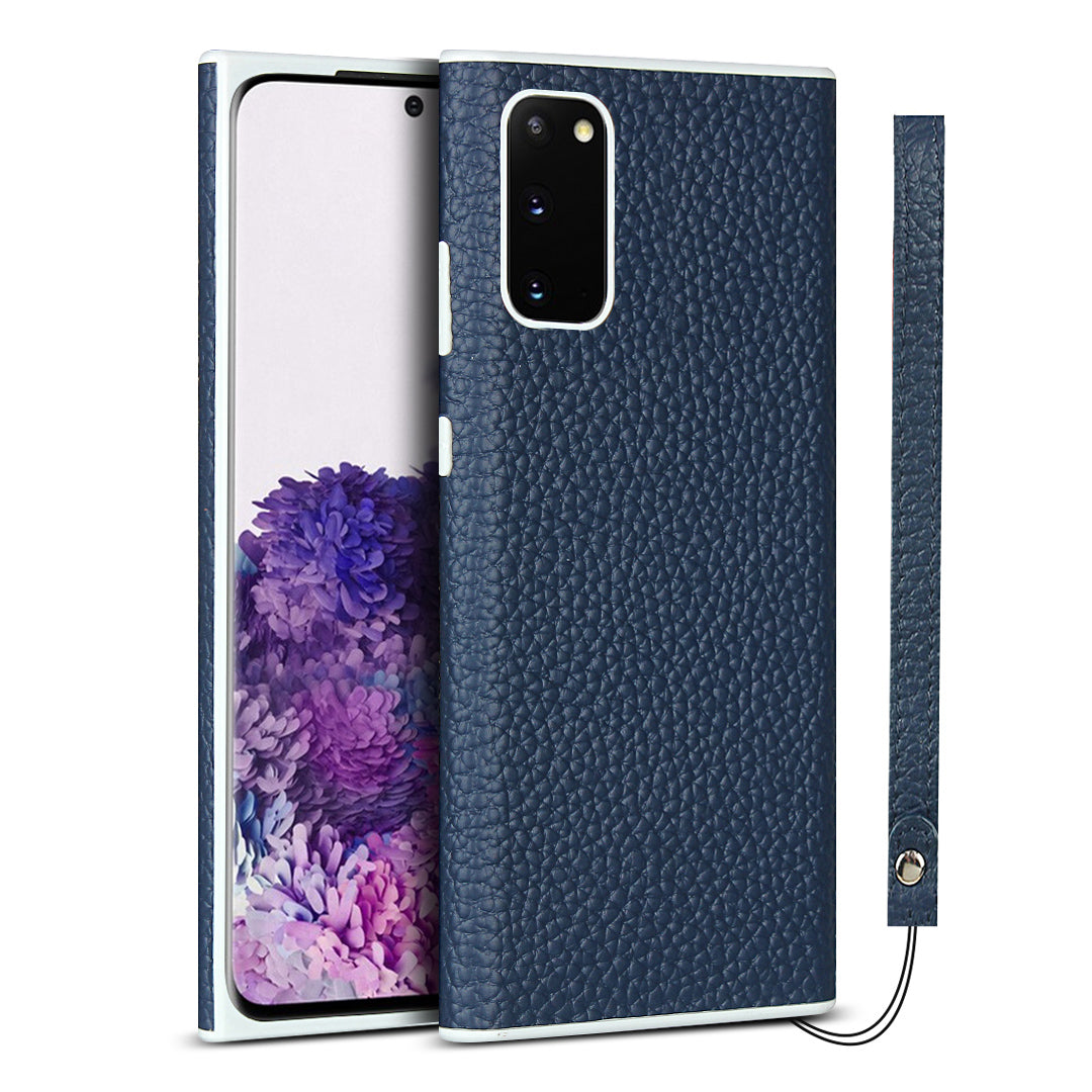 Litchi Skin Genuine Leather Coated TPU Phone Case for Samsung Galaxy S20 4G/S20 5G - Blue