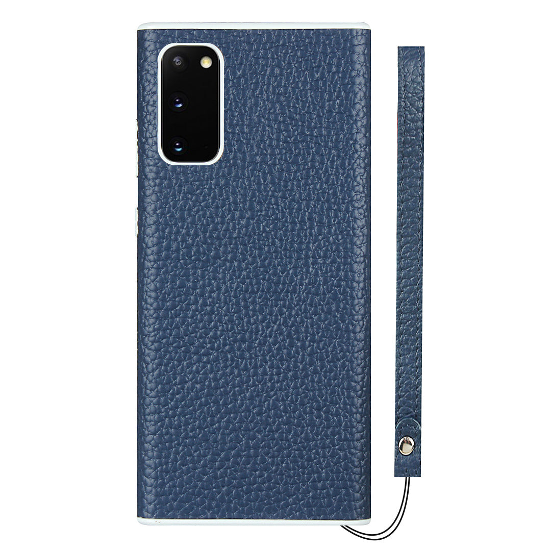 Litchi Skin Genuine Leather Coated TPU Phone Case for Samsung Galaxy S20 4G/S20 5G - Blue