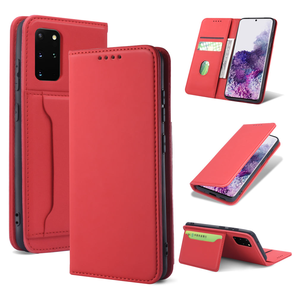 Liquid Silicone Touch Leather Wallet Stand Case for Samsung Galaxy S20 Plus - Red