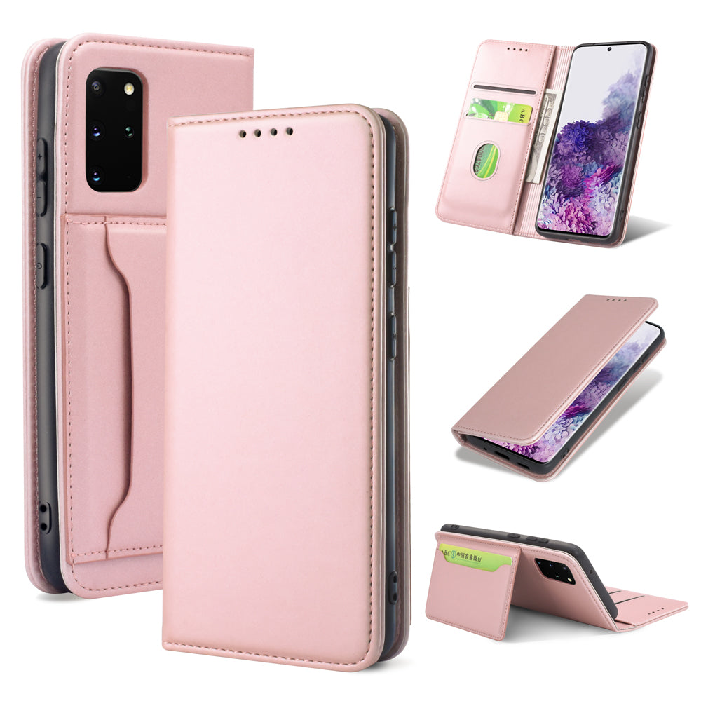 Liquid Silicone Touch Leather Wallet Stand Case for Samsung Galaxy S20 Plus - Rose Gold