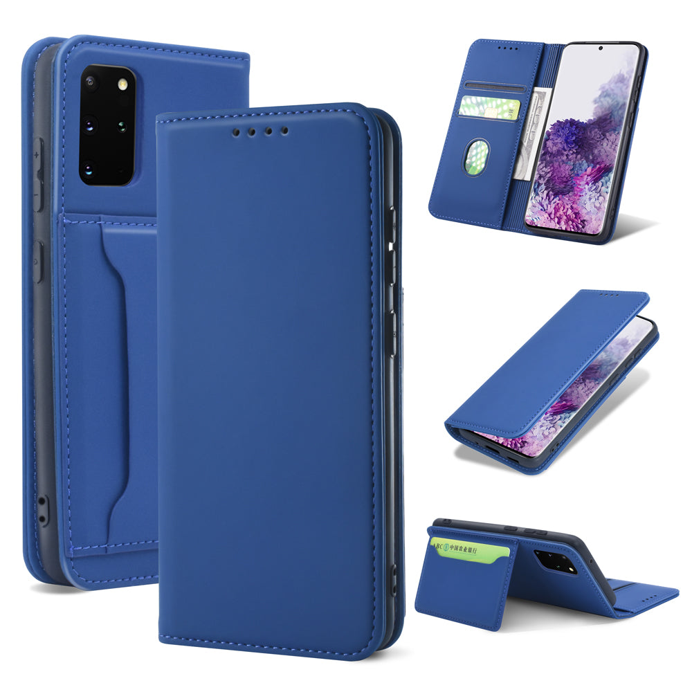 Liquid Silicone Touch Leather Wallet Stand Case for Samsung Galaxy S20 Plus - Blue