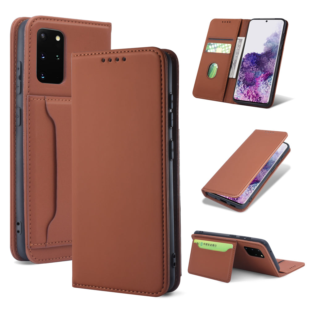 Liquid Silicone Touch Leather Wallet Stand Case for Samsung Galaxy S20 Plus - Brown