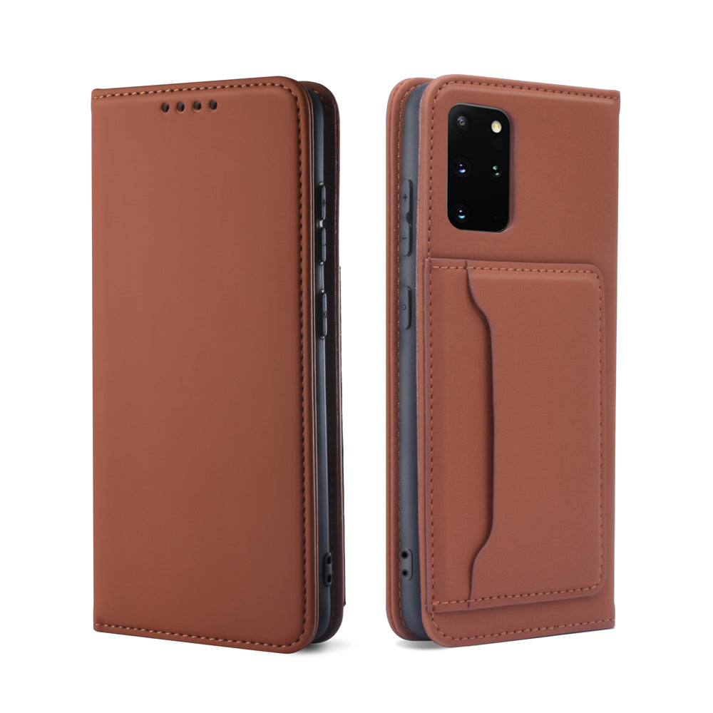 Liquid Silicone Touch Leather Wallet Stand Case for Samsung Galaxy S20 Plus - Brown