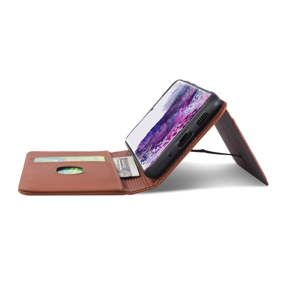 Liquid Silicone Touch Leather Wallet Stand Case for Samsung Galaxy S20 Plus - Brown