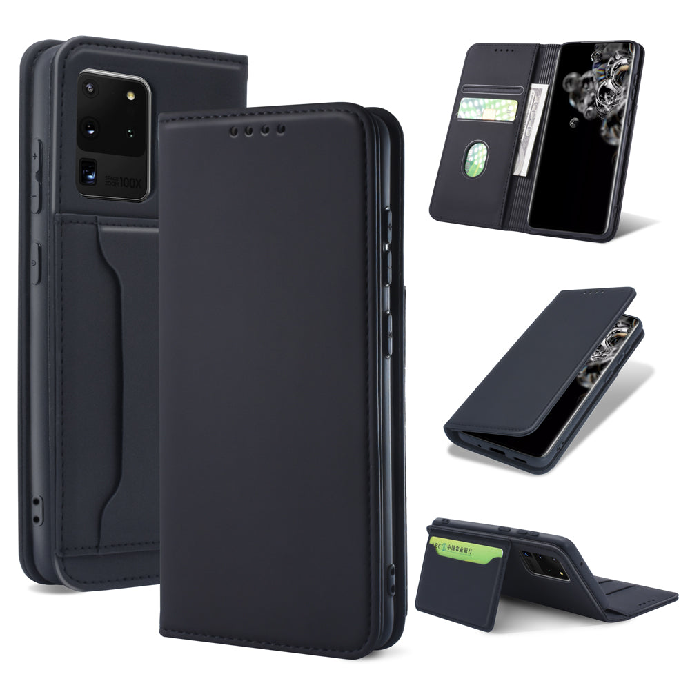 Liquid Silicone Touch Leather Wallet Case for Samsung Galaxy S20 Ultra - Black