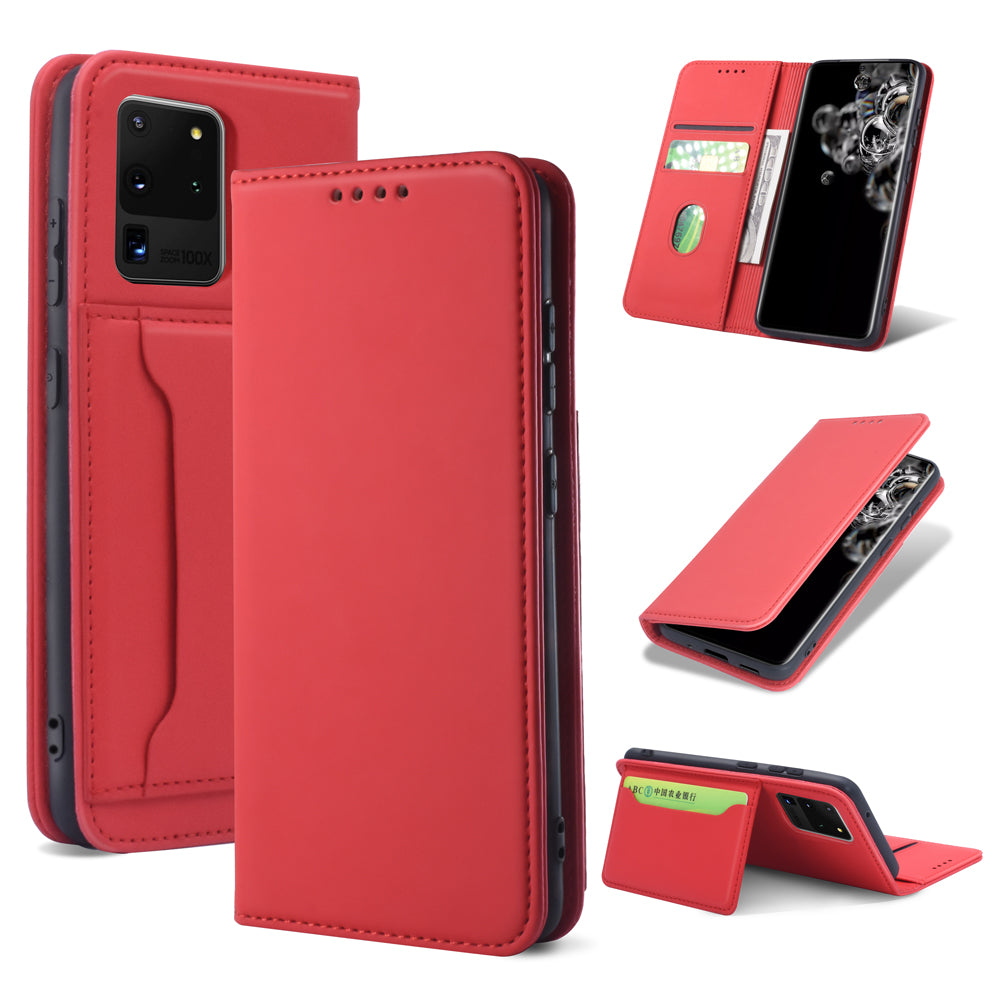 Liquid Silicone Touch Leather Wallet Case for Samsung Galaxy S20 Ultra - Red