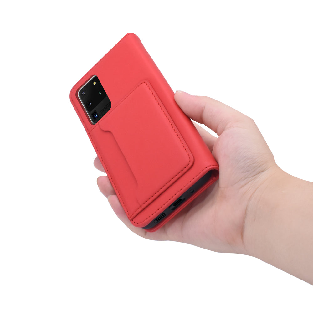 Liquid Silicone Touch Leather Wallet Case for Samsung Galaxy S20 Ultra - Red