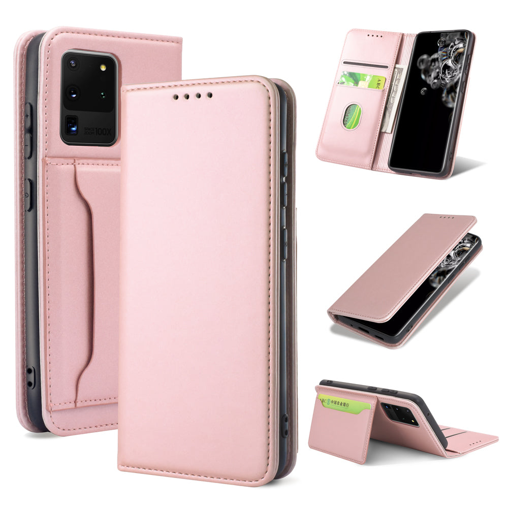 Liquid Silicone Touch Leather Wallet Case for Samsung Galaxy S20 Ultra - Rose Gold