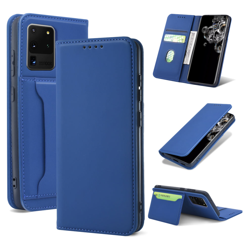 Liquid Silicone Touch Leather Wallet Case for Samsung Galaxy S20 Ultra - Blue