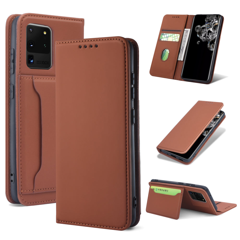 Liquid Silicone Touch Leather Wallet Case for Samsung Galaxy S20 Ultra - Brown