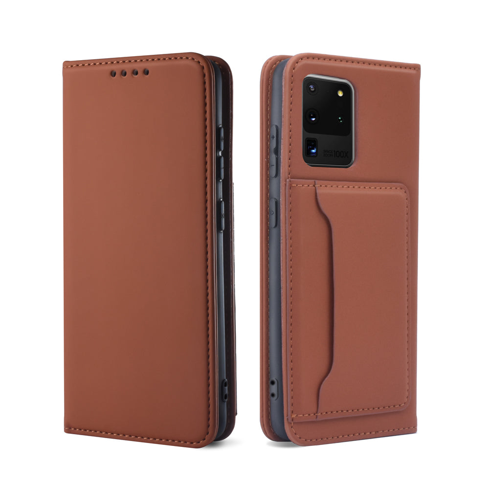 Liquid Silicone Touch Leather Wallet Case for Samsung Galaxy S20 Ultra - Brown