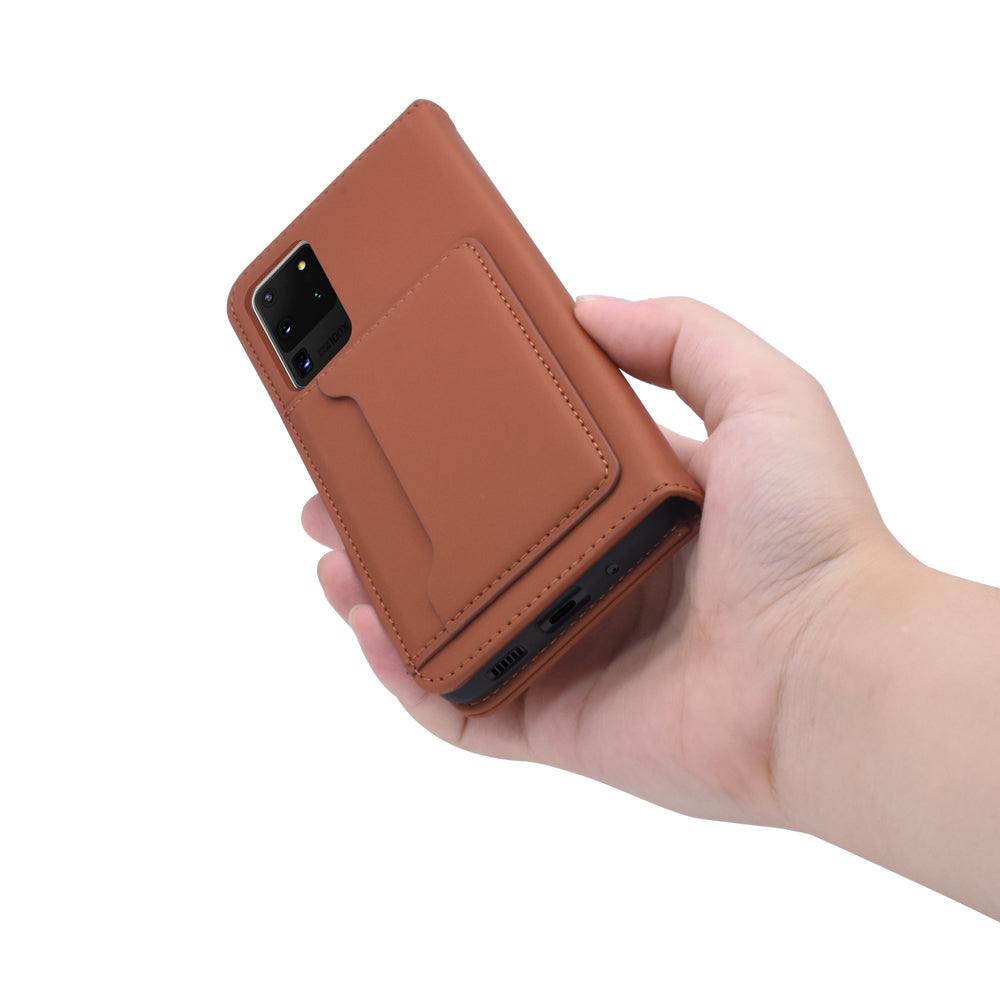 Liquid Silicone Touch Leather Wallet Case for Samsung Galaxy S20 Ultra - Brown