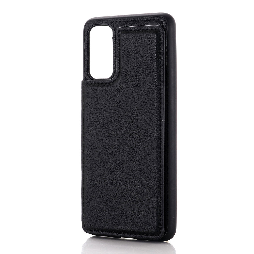 Leather Coated PC + TPU Hybrid Card Holder Case with Kickstand for Samsung Galaxy S20 Plus - Black