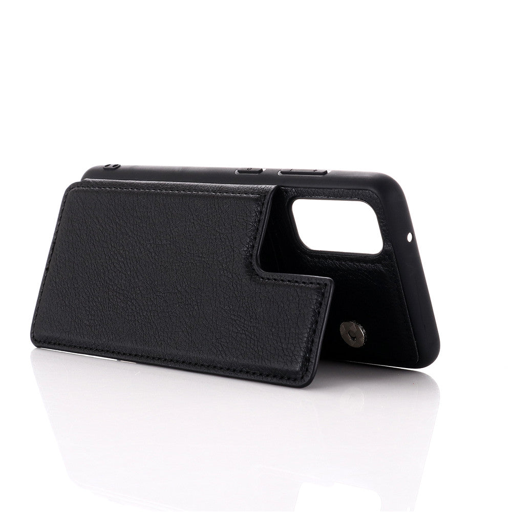 Leather Coated PC + TPU Hybrid Card Holder Case with Kickstand for Samsung Galaxy S20 Plus - Black