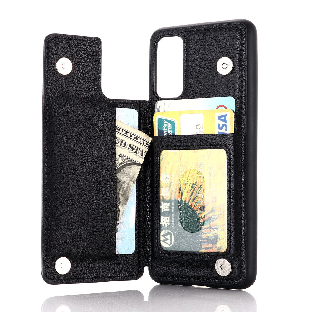 Leather Coated PC + TPU Hybrid Card Holder Case with Kickstand for Samsung Galaxy S20 Plus - Black