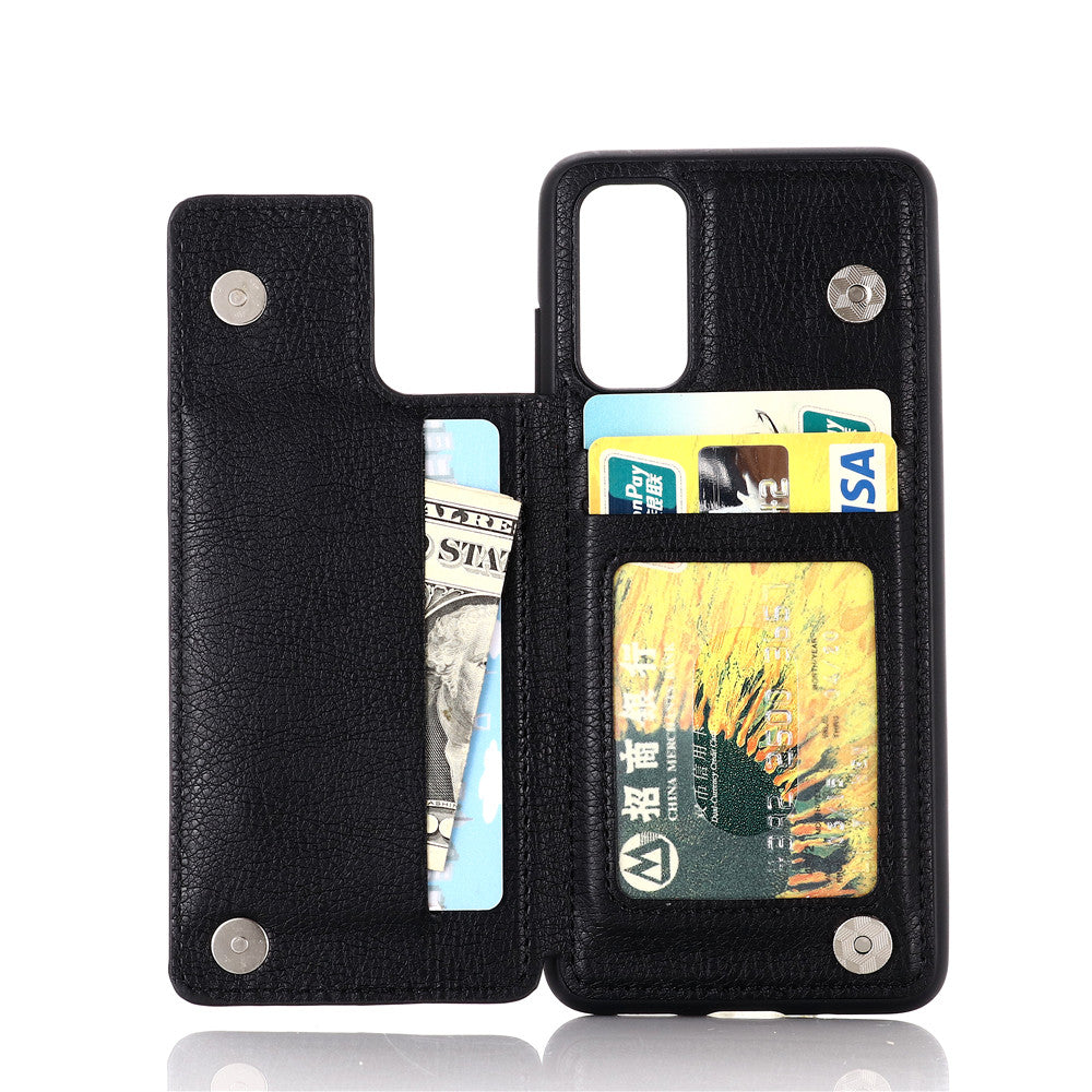 Leather Coated PC + TPU Hybrid Card Holder Case with Kickstand for Samsung Galaxy S20 Plus - Black