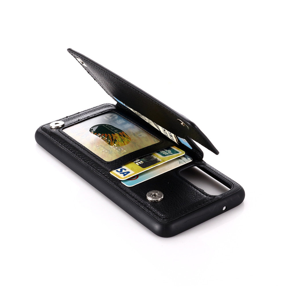 Leather Coated PC + TPU Hybrid Card Holder Case with Kickstand for Samsung Galaxy S20 Plus - Black