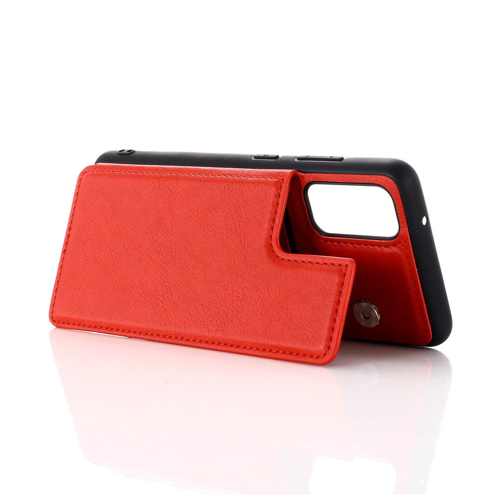 Leather Coated PC + TPU Hybrid Card Holder Case with Kickstand for Samsung Galaxy S20 Plus - Red