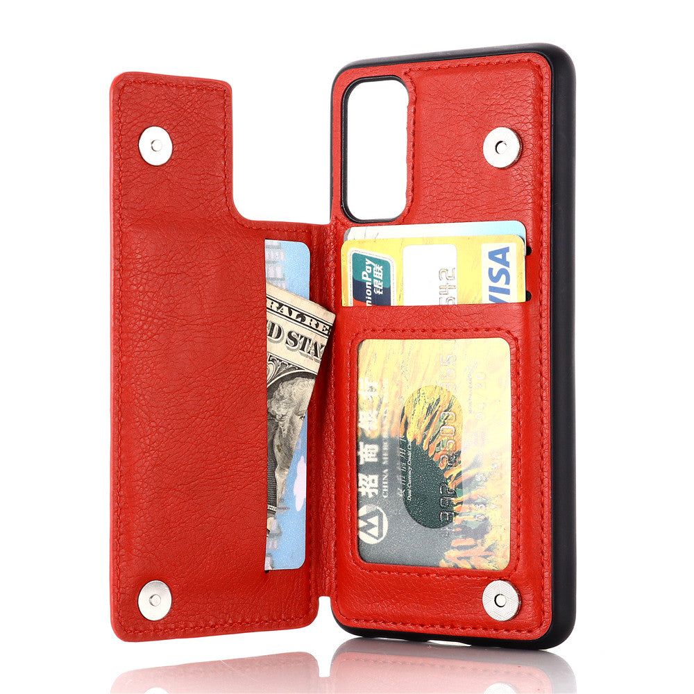 Leather Coated PC + TPU Hybrid Card Holder Case with Kickstand for Samsung Galaxy S20 Plus - Red