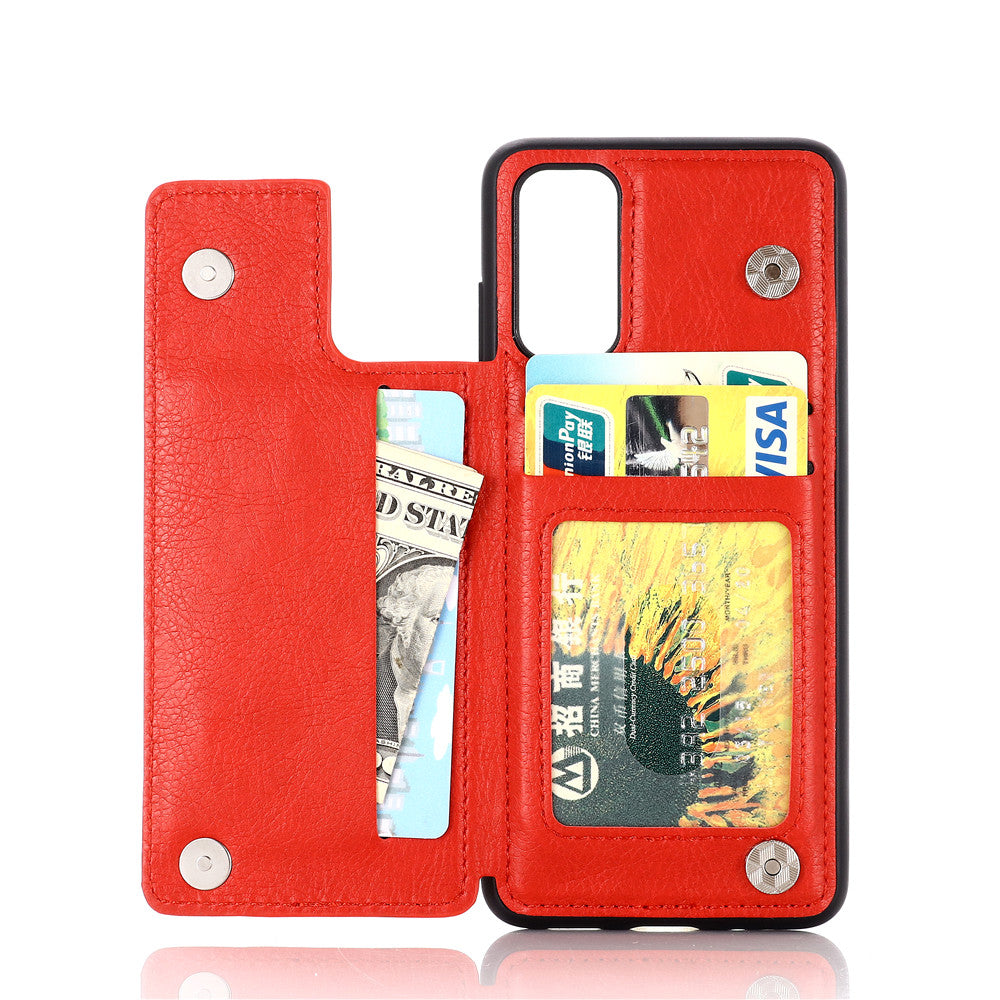 Leather Coated PC + TPU Hybrid Card Holder Case with Kickstand for Samsung Galaxy S20 Plus - Red