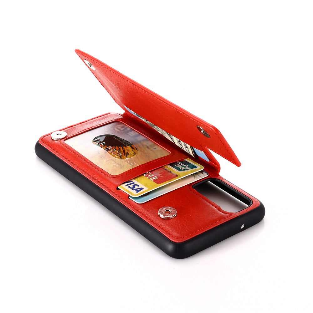 Leather Coated PC + TPU Hybrid Card Holder Case with Kickstand for Samsung Galaxy S20 Plus - Red