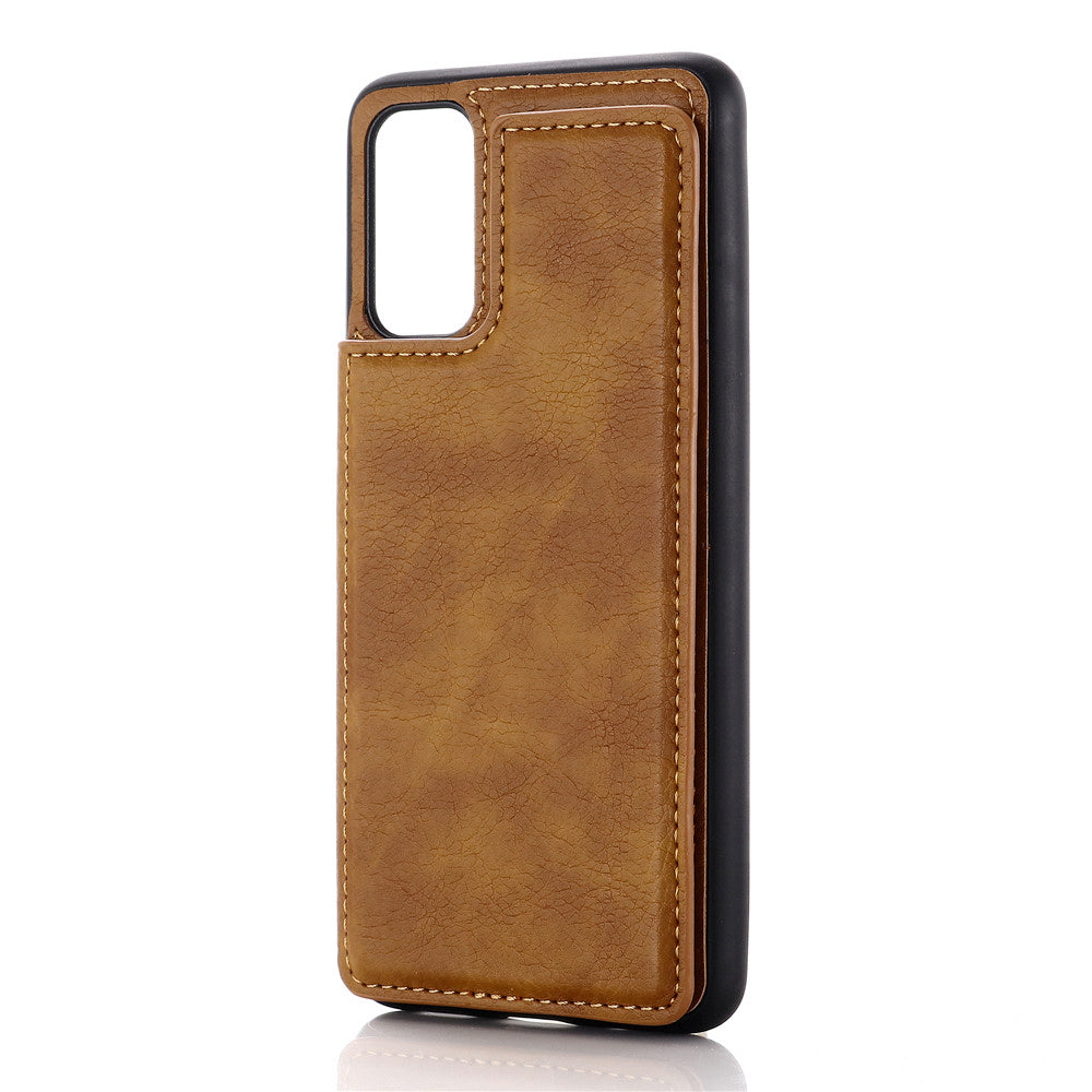 Leather Coated PC + TPU Hybrid Card Holder Case with Kickstand for Samsung Galaxy S20 Plus - Brown