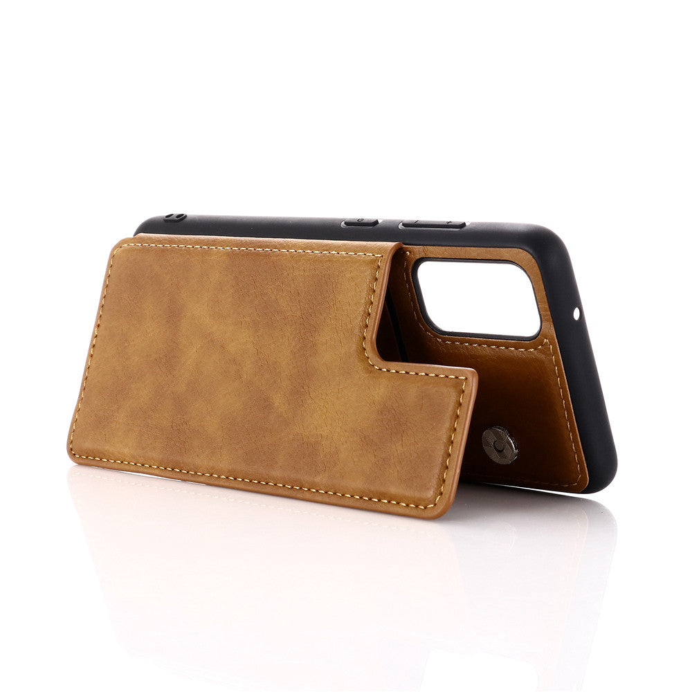 Leather Coated PC + TPU Hybrid Card Holder Case with Kickstand for Samsung Galaxy S20 Plus - Brown