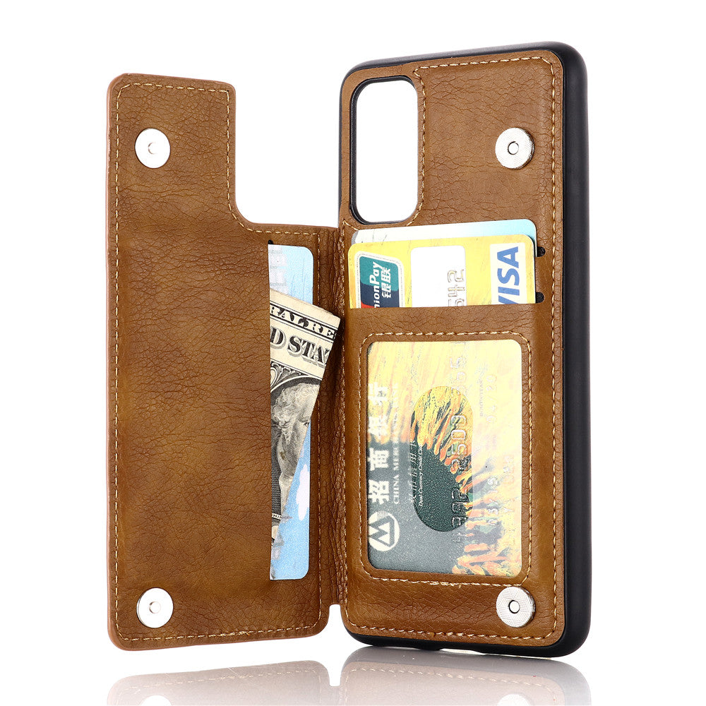 Leather Coated PC + TPU Hybrid Card Holder Case with Kickstand for Samsung Galaxy S20 Plus - Brown