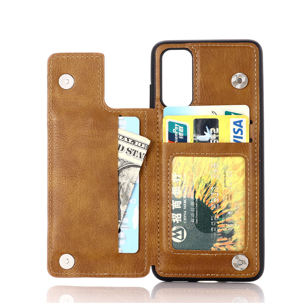 Leather Coated PC + TPU Hybrid Card Holder Case with Kickstand for Samsung Galaxy S20 Plus - Brown