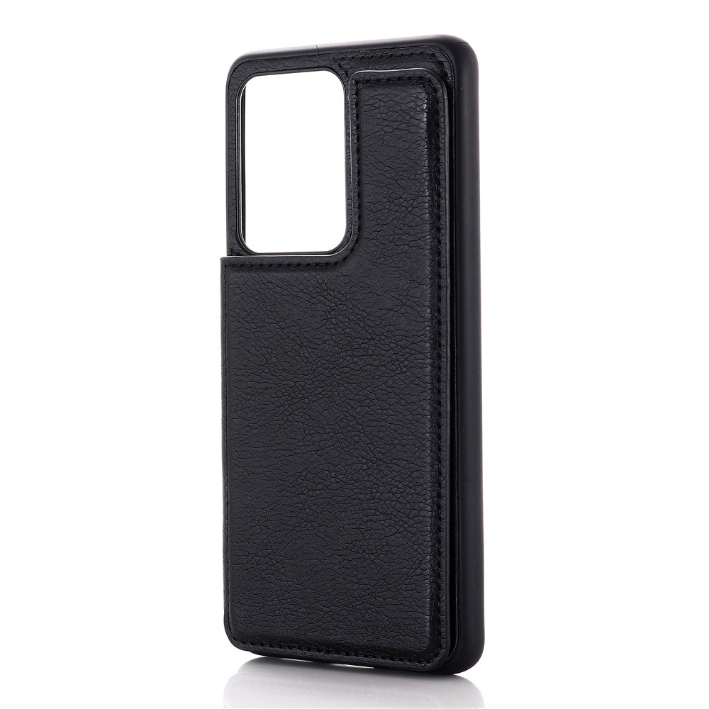 Leather Coated PC + TPU Combo Card Holder Shell with Kickstand for Samsung Galaxy S20 Ultra - Black